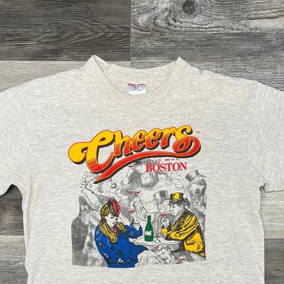 Vintage 90s Boston Cheers Heathered Gray Mens L Graphic Single Stitch Tee USA‎ - Picture 1 of 8